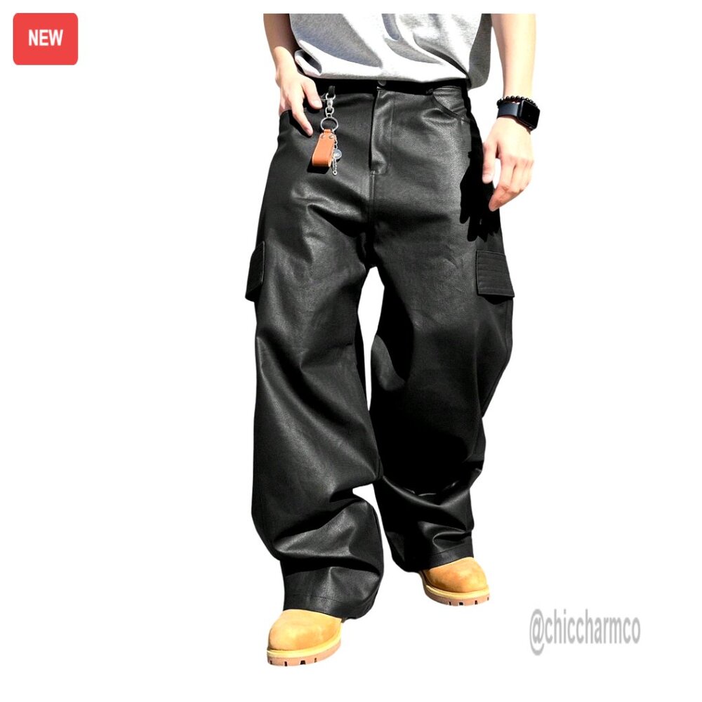 Men's Faux Leather Cargo Pants Wide Leg Baggy Streetwear Trousers